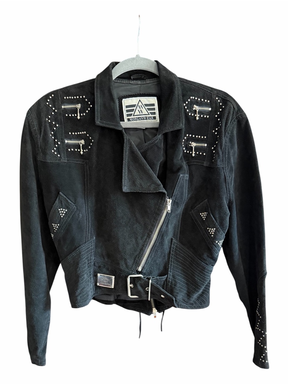 VTG MORGANWEAR Suede Motorcycle Jacket Studded Zippers 90s S